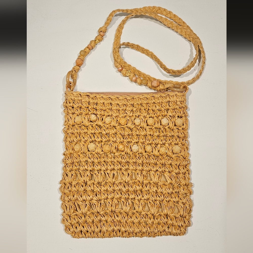 Cappelli Straworld Beaded Woven Crossbody Bag Natural Straw Crochet Purse Boho
